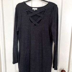 Soft gray dress with cross cross front and long sleeves